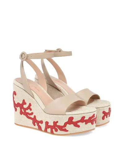 Gianvito Rossi Malia Vitello Glove Paros Nappa Wedges Sand/naturale/tabasco Red In Brown