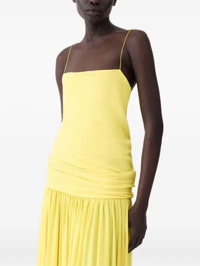Jacquemus Yellow Dress With Straight Neckline And Gathered Waist In Tech Fabric Woman In Yellow