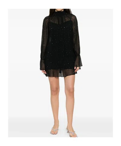 Staud Roux Crystal-embellished Gathered Crepon Mini Dress In Black