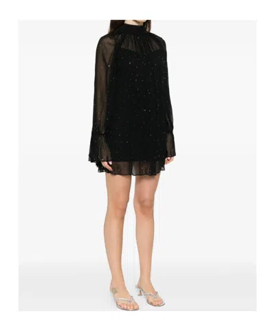 Staud Roux Crystal-embellished Gathered Crepon Mini Dress In Black