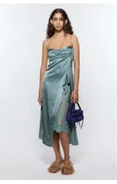 Acne Studios Satin Midi Dress With Lace Inserts In Blue