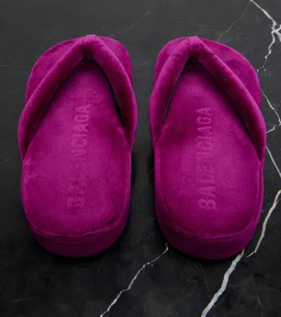Balenciaga Jet Lag Stretch Velvet Platform Thong Sandals In Purple