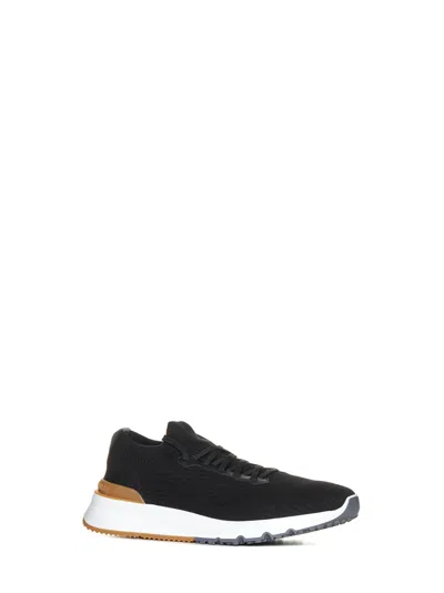 Brunello Cucinelli Cotton Knit And Semi-polished Calfskin Runner Sneakers In Black