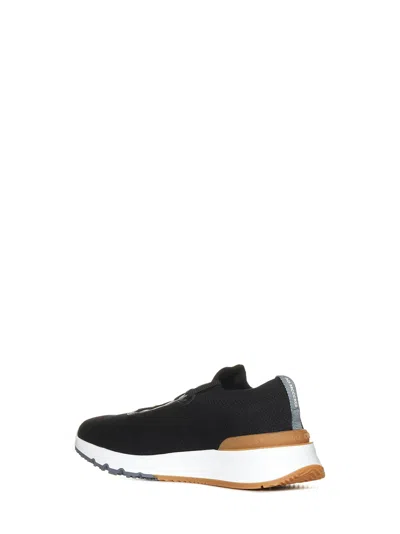 Brunello Cucinelli Cotton Knit And Semi-polished Calfskin Runner Sneakers In Black