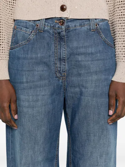 Brunello Cucinelli Women Blue Jeans With Five-pocket Design And Patch Logo On The Back In Denim Woma In Blue
