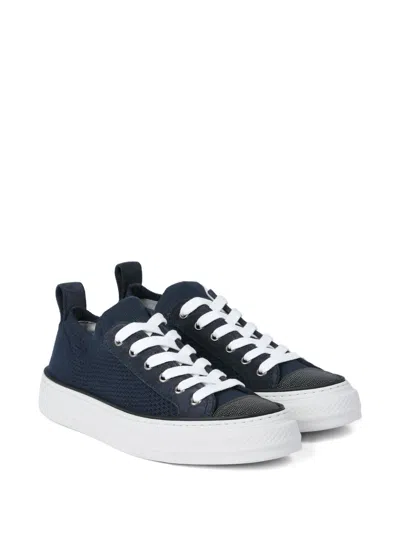 Brunello Cucinelli Bead-embellished Suede-trimmed Stretch-knit Sneakers In Blue