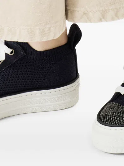Brunello Cucinelli Bead-embellished Suede-trimmed Stretch-knit Sneakers In Blue