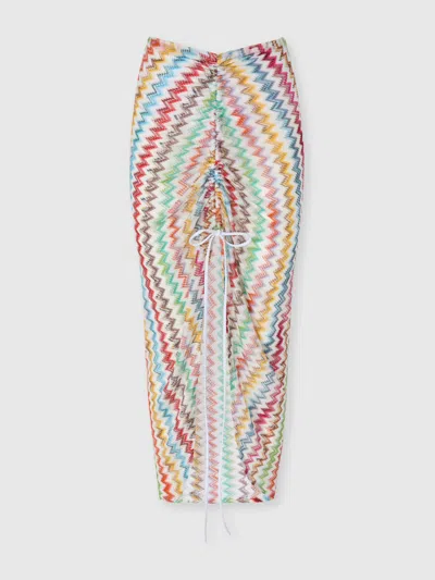 Missoni Gathered Striped Metallic Crochet-knit Midi Skirt In Blue
