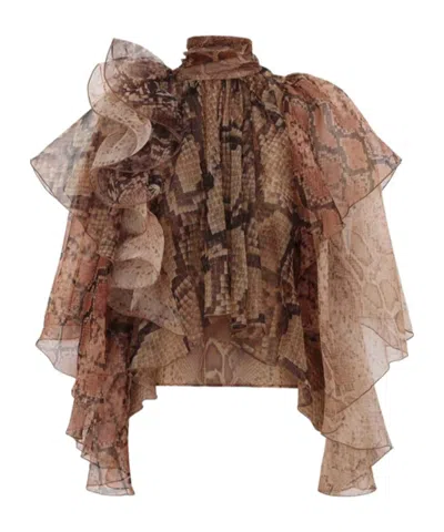 Zimmermann Memento Python-print Ruffled Silk-organza Blouse In Brown