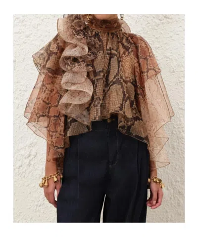 Zimmermann Memento Python-print Ruffled Silk-organza Blouse In Brown