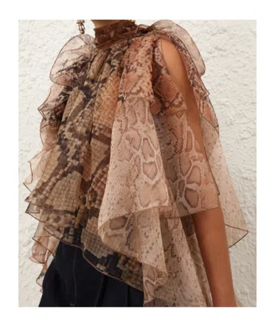 Zimmermann Memento Python-print Ruffled Silk-organza Blouse In Brown