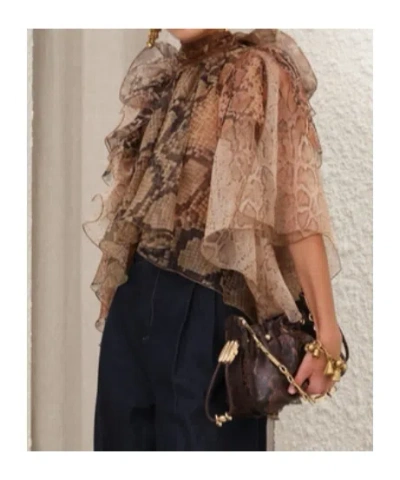 Zimmermann Memento Python-print Ruffled Silk-organza Blouse In Brown