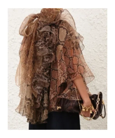 Zimmermann Memento Python-print Ruffled Silk-organza Blouse In Brown