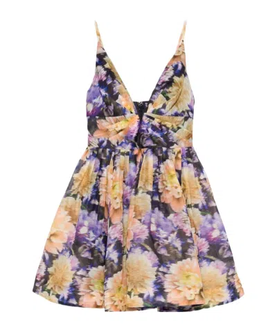 Zimmermann Luna Gathered Floral-print Linen And Silk-blend Mini Dress In Multi