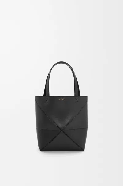 Loewe Mini Puzzle Fold Tote In Shiny Leather Skin For Woman In Black