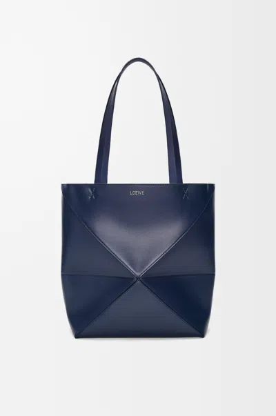 Loewe Medium Puzzle Fold Tote In Shiny Leather Skin For Woman In Blue