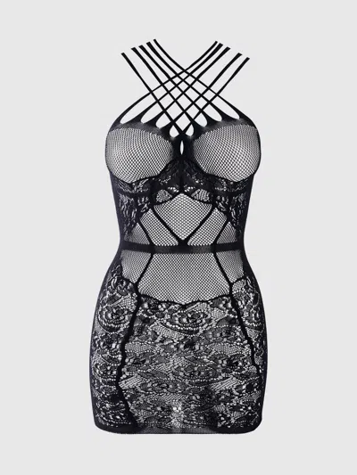 Frederick's Of Hollywood Strappy Floral Lace Bodystocking Dress In Black
