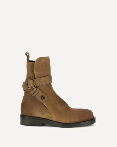 Burberry Suede Ankle Boots Block Heel Pull Tab In Brown
