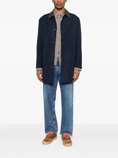 Fay Button Collar Coat In Blue