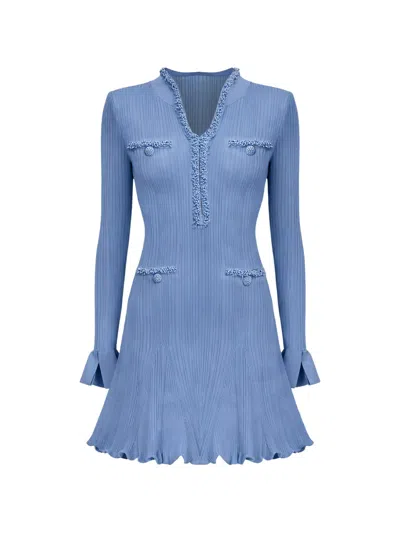 Self-portrait Faux Pearl-embellished Ribbed-knit Mini Dress In Blue