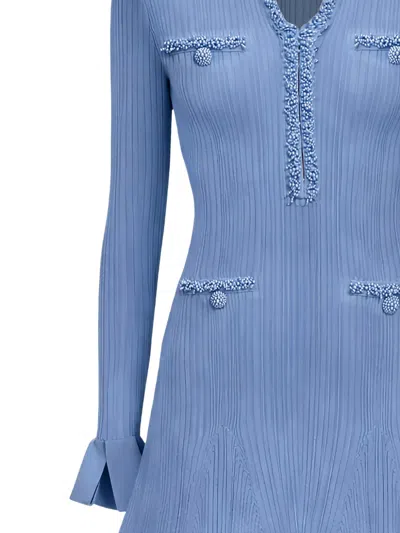 Self-portrait Faux Pearl-embellished Ribbed-knit Mini Dress In Blue