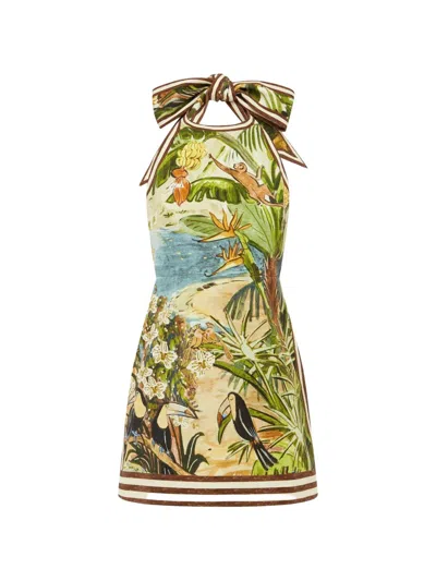 Alemais Toucan Tango Halterneck Printed Organic Cotton Mini Dress In Green