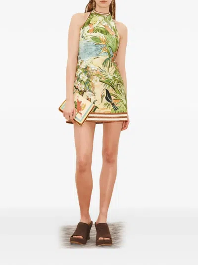 Alemais Toucan Tango Halterneck Printed Organic Cotton Mini Dress In Green