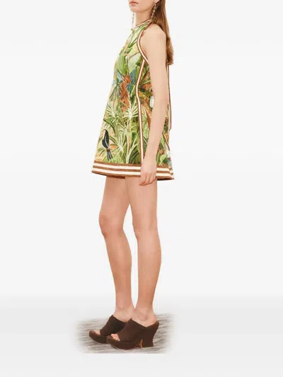 Alemais Toucan Tango Halterneck Printed Organic Cotton Mini Dress In Green