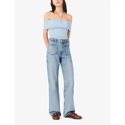Maje Womens Blue Sky Ribbed Bardot-neck Stretch-knit Top In Blue