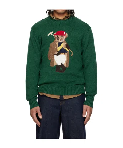 Polo Ralph Lauren Long Sleeve Cotton Linen Society Bear Rollneck Sweater In Green