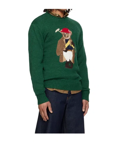 Polo Ralph Lauren Long Sleeve Cotton Linen Society Bear Rollneck Sweater In Green