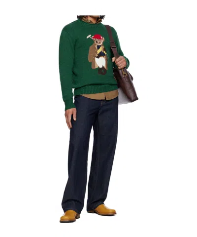 Polo Ralph Lauren Long Sleeve Cotton Linen Society Bear Rollneck Sweater In Green