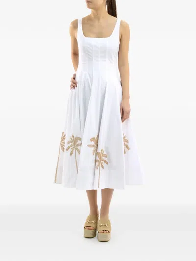 Staud Wells Pleated Printed Cotton-blend Poplin Midi Dress In White