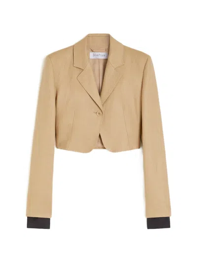 Max Mara Buono Diagonal Cropped Jacket In Camel Linen In Blue
