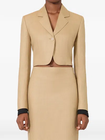 Max Mara Buono Diagonal Cropped Jacket In Camel Linen In Blue