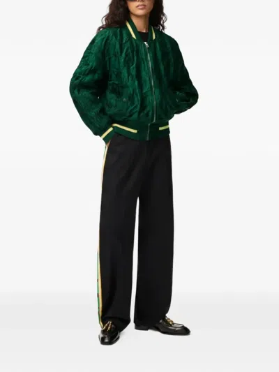 Loewe Womens Dark Green Crinkled-texture Striped-trim Woven Bomber Jacket In Gray