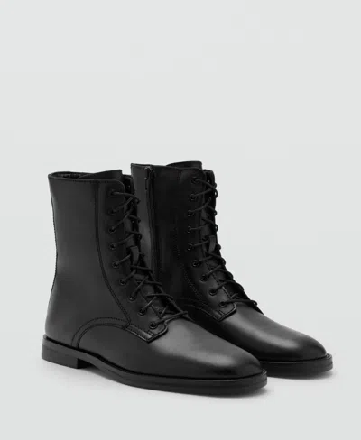 Mango Lace-up Leather Ankle Boots Black In Animal Print