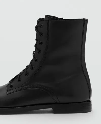 Mango Lace-up Leather Ankle Boots Black In Animal Print