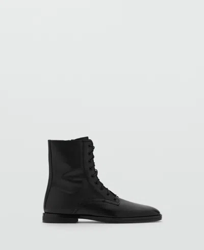 Mango Lace-up Leather Ankle Boots Black In Animal Print
