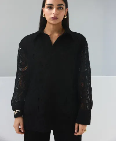 Mango Embroidered Openwork Blouse Black In Black