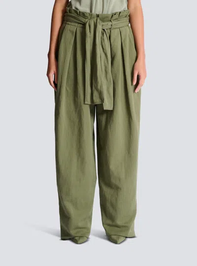 Balmain Belted Pleated Cotton And Linen-blend Twill Tapered Pants In Green