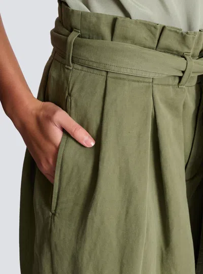 Balmain Belted Pleated Cotton And Linen-blend Twill Tapered Pants In Green