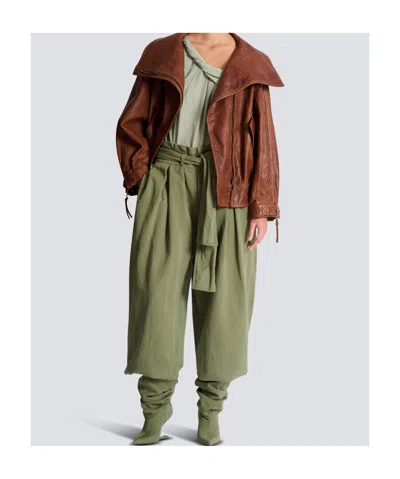 Balmain Belted Pleated Cotton And Linen-blend Twill Tapered Pants In Green