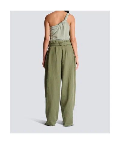 Balmain Belted Pleated Cotton And Linen-blend Twill Tapered Pants In Green