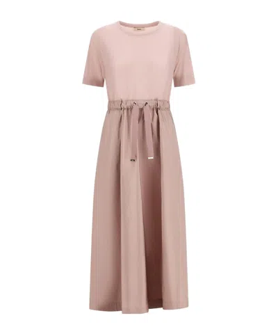 Herno Midi Dress Short Sleeves Round Neckline Drawstring In Pink