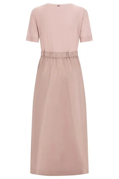 Herno Midi Dress Short Sleeves Round Neckline Drawstring In Pink