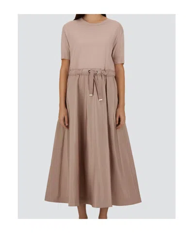 Herno Midi Dress Short Sleeves Round Neckline Drawstring In Pink
