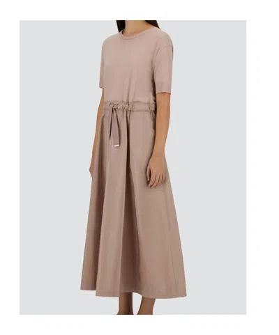Herno Midi Dress Short Sleeves Round Neckline Drawstring In Pink