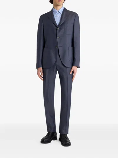 Etro Chevron Single-breasted Linen Jacket In Blue