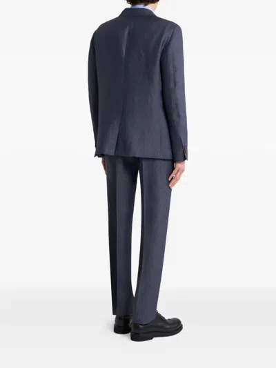 Etro Chevron Single-breasted Linen Jacket In Blue